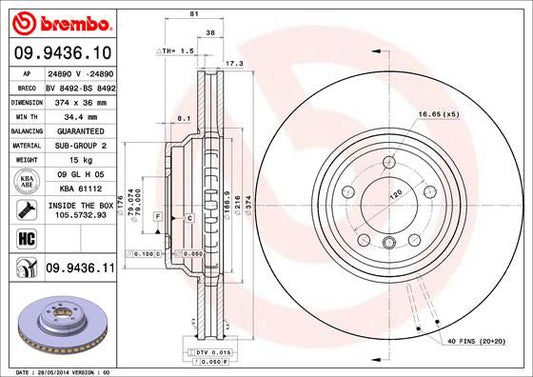 Brembo Coated Disc Line 09.9436.11 Front Brake Disc Rotor 374mm x 36mm, Vented, High-Carbon, 5-Stud (5-Hole) | Fits BMW 7 Series E65 E66 E67 | OE-Spec Replacement, Anti-Corrosion Coated | Fixing Bolts/Screws Included