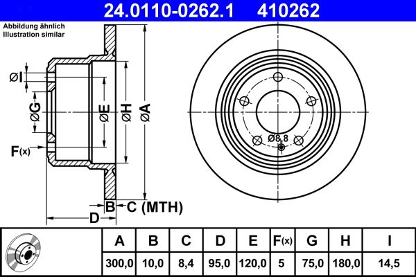 ATE Brake Disc Rotor 24.0110-0262.1 for BMW 5 Series, Solid 300mm x 10mm, Non-Vented, 5-Stud/5-Bolt - OE Spec Direct Fit Replacement (24011002621, 24 0110 0262 1)
