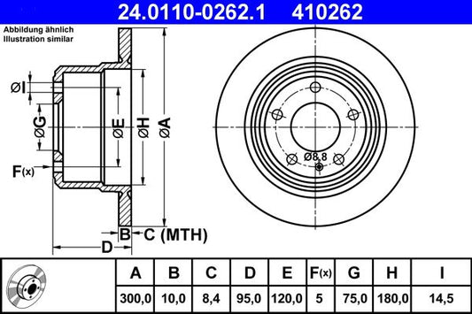 ATE Brake Disc Rotor 24.0110-0262.1 for BMW 5 Series, Solid 300mm x 10mm, Non-Vented, 5-Stud/5-Bolt - OE Spec Direct Fit Replacement (24011002621, 24 0110 0262 1)