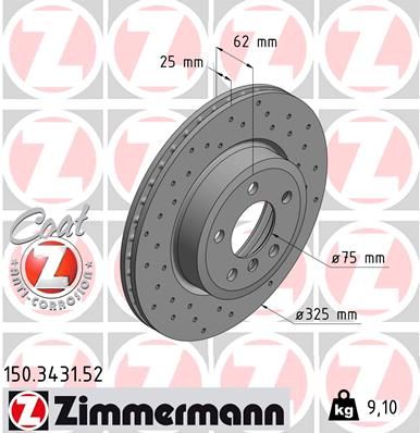 Zimmermann Coat Z Sport Brake Disc Rotor 150.3431.52 for BMW X3 E83 2004-2010 - 325mm x 25mm Drilled/Perforated & Internally Vented, High-Carbon Anti-Corrosion Coated - Performance Upgrade Direct Replacement