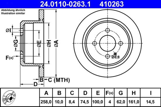ATE 24.0110-0263.1 Brake Disc (Rotor) for BMW 3 Series E30 Saloon â€“ Solid 258x10mm, 4 Hole, OE Quality