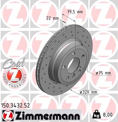 Zimmermann Sport Coat Z Brake Disc/Rotor 150.3432.52 for BMW X3 E83 2004–2010, 320mm x 22mm – High Carbon, Drilled/Perforated, Vented, Anti-Corrosion Coated OE Replacement Performance Upgrade