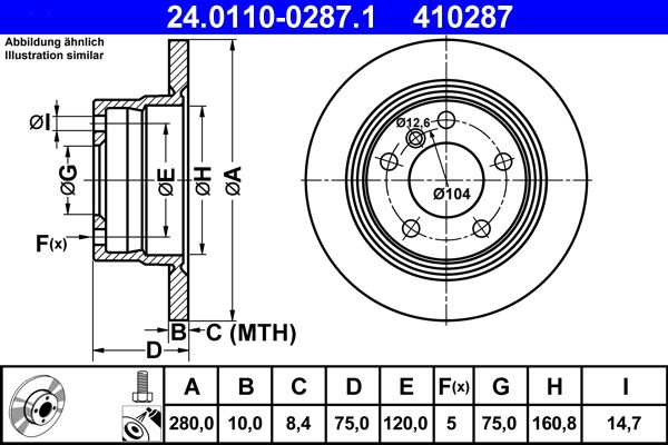 ATE 24.0110-0287.1 24011002871 Brake Disc/Brake Rotor for BMW Z4 E85 Roadster 280mm Solid (Non-Vented) High-Carbon, Coated, 5-Hole – Replacement Brake Disk Plate with Fixings (Bolts/Screws), OE Spec Anti-Corrosion