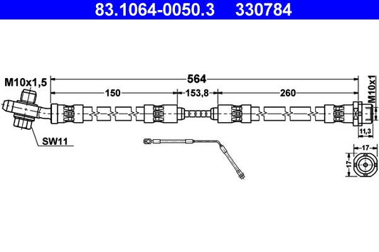 ATE 83.1064-0050.3 Brake Hose for BMW X5 E53 1999-2006 - 570mm M10x1 thread - Flexible Brake Pipe to Caliper - Hydraulic Flexi Line Rubber Hose - OEM/OE Spec Replacement Front or Rear