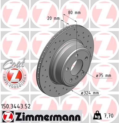 Zimmermann Coat Z Sport Brake Disc/Rotor 150.3443.52 - Rear Axle, Drilled/Perforated, Internally Vented, High Carbon, Anti-Corrosion Coated - Fits BMW X5 E53 (2000-2006) - 324x20mm Performance Replacement