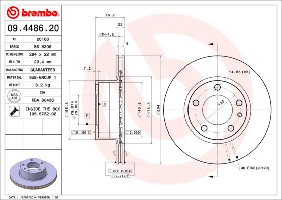 Brembo 09.4486.20 Vented Brake Disc (Rotor) for BMW E28 5 Series Saloon/Sedan - 284mm x 22mm, 5-Stud (5-Lug), OE Replacement, Fixing Screws/Bolts Included