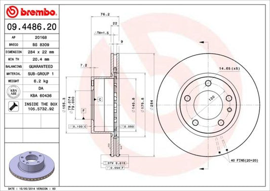Brembo 09.4486.20 Vented Brake Disc (Rotor) for BMW E28 5 Series Saloon/Sedan - 284mm x 22mm, 5-Stud (5-Lug), OE Replacement, Fixing Screws/Bolts Included