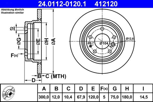 ATE 24.0112-0120.1 Brake Disc Rotor for BMW 7 Series E32 1986-1994 | Solid/Plain Non-Vented High-Carbon 300mm x 12mm, 5-Stud/5-Hole | OE-Spec Direct Fit Replacement | ATE 24 0112 0120 1