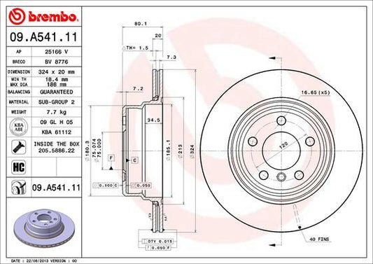 Brembo 09.A541.11 Coated Brake Disc/Brake Rotor for BMW X5 E53 1999-2006 - 324x20mm Vented, High-Carbon, Anti-Corrosion, OE Replacement - 5-Stud 5-Hole - Includes Fixing Screws - Brembo Coated Disc Line 09A54111 Front/Rear (Check Fitment)