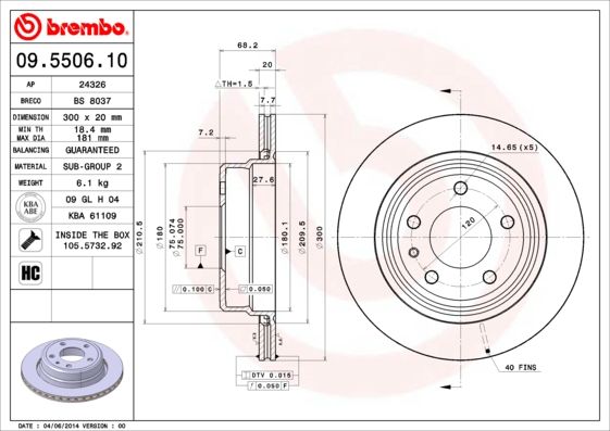 Brembo 09.5506.10 HC Vented Brake Disc/Rotor 300mm for BMW 7 Series E32 (1986-1994, 7er) – High-Carbon OE-Spec Replacement, 5-Stud – Includes Fixing Screws/Bolts
