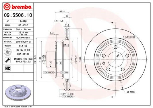 Brembo 09.5506.10 HC Vented Brake Disc/Rotor 300mm for BMW 7 Series E32 (1986-1994, 7er) – High-Carbon OE-Spec Replacement, 5-Stud – Includes Fixing Screws/Bolts