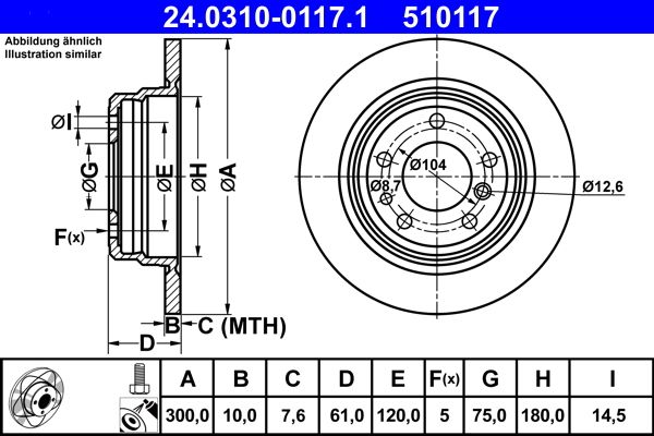 ATE PowerDisc Rear Brake Disc/Brake Rotor 24.0310-0117.1 (24031001171) for BMW 5 Series | 300mm Solid Slotted Grooved | High-Carbon Coated Anti-Rust | Rear Axle OE Replacement | Includes Fixing Bolts/Screws