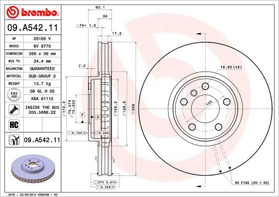 Brembo Coated Disc Line 09.A542.11 (09A54211) Front Brake Disc Rotor for BMW X5 E53 1999-2006 356x36mm 5-Stud (5x120) | High Carbon Vented OEM Replacement | Anti-Corrosion Coated | Fixing Screws Included