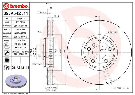 Brembo Coated Disc Line 09.A542.11 (09A54211) Front Brake Disc Rotor for BMW X5 E53 1999-2006 356x36mm 5-Stud (5x120) | High Carbon Vented OEM Replacement | Anti-Corrosion Coated | Fixing Screws Included