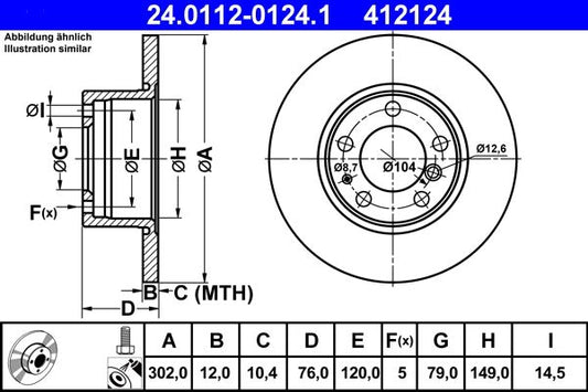 ATE 24.0112-0124.1 Brake Disc (Rotor) for BMW 5 Series, 302mm Solid High-Carbon, Coated, 5-Hole, 12mm, Includes Bolts/Screws