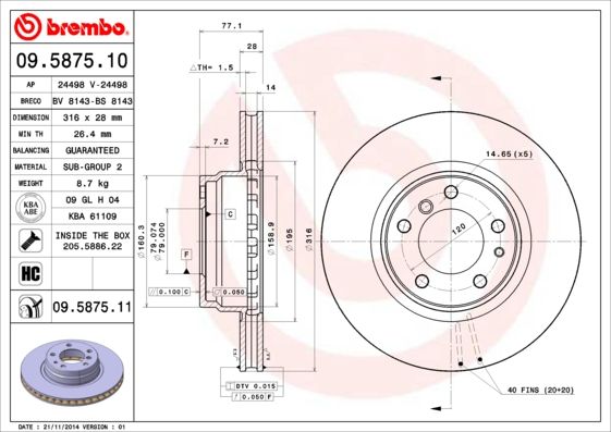 Brembo 09.5875.11 Brake Disc / Rotor for BMW 7 Series E38 (1994-2001), 316x28mm Vented High Carbon (HC) Coated, 5-Stud 5-Lug, Genuine Replacement, Anti-Corrosion, Includes Bolts/Screws | 09 5875 11 09587511