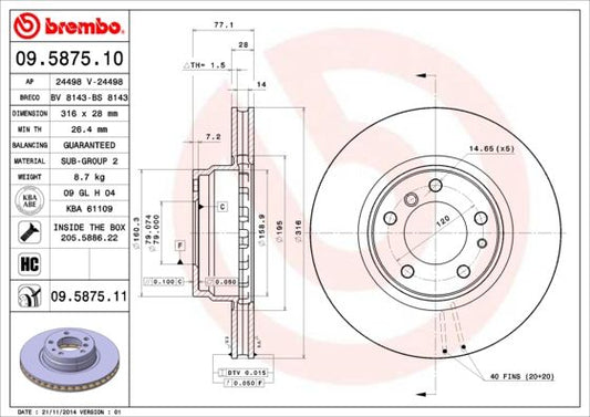 Brembo 09.5875.11 Brake Disc / Rotor for BMW 7 Series E38 (1994-2001), 316x28mm Vented High Carbon (HC) Coated, 5-Stud 5-Lug, Genuine Replacement, Anti-Corrosion, Includes Bolts/Screws | 09 5875 11 09587511