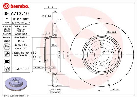 Brembo Coated Disc Line 09.A712.11 Brake Disc / Rotor 345x24mm for BMW 7 Series E65 E66 E67 - Vented High-Carbon, Anti-Corrosion/Anti-Rust UV Coated, OE-Spec Replacement, 5-Hole, With Bolts & Screws