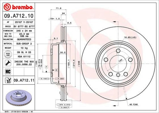 Brembo Coated Disc Line 09.A712.11 Brake Disc / Rotor 345x24mm for BMW 7 Series E65 E66 E67 - Vented High-Carbon, Anti-Corrosion/Anti-Rust UV Coated, OE-Spec Replacement, 5-Hole, With Bolts & Screws