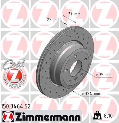 Zimmermann Coat-Z (Z-Coated) 150.3464.52 Brake Disc Rotor for BMW 1 Series, 324mm x 22mm - Drilled/Perforated, Internally Vented, High-Carbon, Anti-Rust Coated, Performance OE Replacement