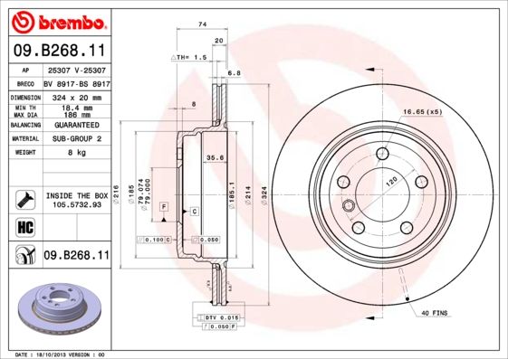 Brembo 09.B268.11 09B26811 Coated Vented Brake Disc/Rotor 324mm 324x20 for BMW 7 Series E65 E66 E67 - High-Carbon, Anti-Rust/Anti-Corrosion, Direct Replacement, 5-Hole with Bolts