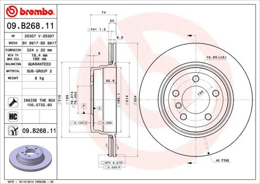 Brembo 09.B268.11 09B26811 Coated Vented Brake Disc/Rotor 324mm 324x20 for BMW 7 Series E65 E66 E67 - High-Carbon, Anti-Rust/Anti-Corrosion, Direct Replacement, 5-Hole with Bolts
