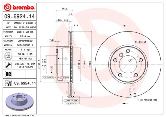 Brembo 09.6924.14 High Carbon Vented Brake Disc/Rotor 296 x 22mm, 5-Stud, with Bolts - For BMW 5 Series Saloon & Touring | OE-Spec Cast Iron Replacement | 09692414