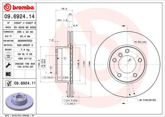 Brembo 09.6924.14 High Carbon Vented Brake Disc/Rotor 296 x 22mm, 5-Stud, with Bolts - For BMW 5 Series Saloon & Touring | OE-Spec Cast Iron Replacement | 09692414