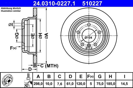 ATE PowerDisc 24.0310-0227.1 Brake Disc for BMW 5 Series E39 Saloon, 298 mm Solid High-Carbon Coated Rotor with Bolts/Screws