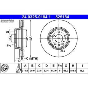 ATE Brake Disc/Rotor 24.0325-0184.1 (24 0325 0184 1) – 314mm x 25mm Vented, Anti-Corrosion Coated, High Carbon Cast Iron, 5-Stud/5-Bolt – OE Replacement Performance Brake Disc – Includes Fixing Bolts & Screws