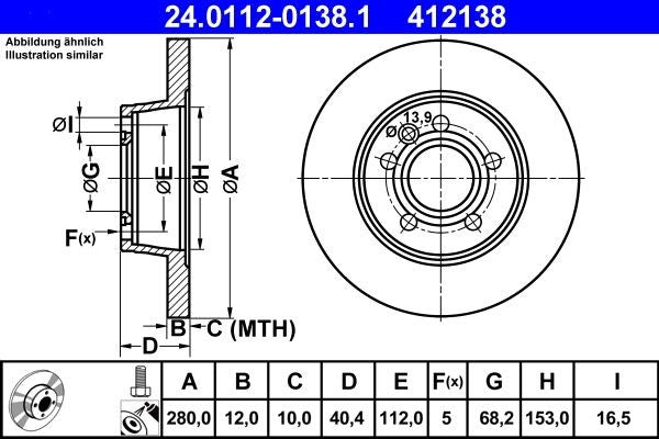 ATE 24.0112-0138.1 Brake Disc / Rotor for VW Volkswagen Transporter T-Series Van - Solid Plain (Non-Vented), Anti-Rust Coated - 280mm x 12mm, 5-Stud (5-Hole) - OEM Spec OE-Quality Direct-Fit Replacement - Fixing Bolts/Screws Included - 24011201381