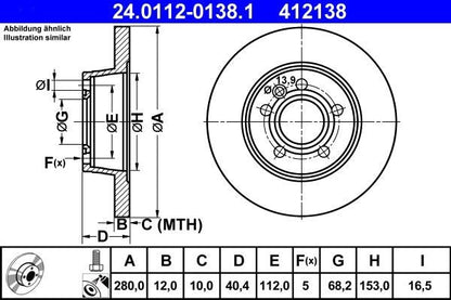 ATE 24.0112-0138.1 Brake Disc / Rotor for VW Volkswagen Transporter T-Series Van - Solid Plain (Non-Vented), Anti-Rust Coated - 280mm x 12mm, 5-Stud (5-Hole) - OEM Spec OE-Quality Direct-Fit Replacement - Fixing Bolts/Screws Included - 24011201381