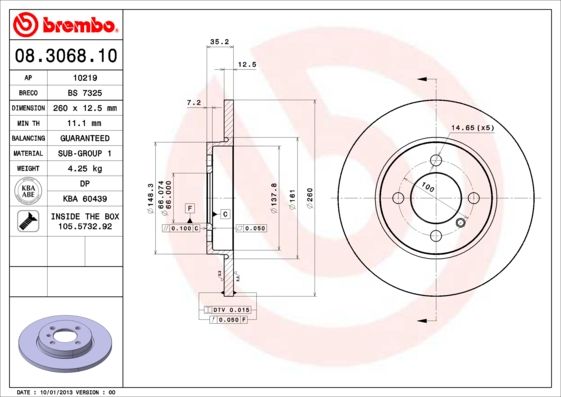 Brembo 08.3068.10 Brake Disc / Rotor for BMW 3 Series (selected models) - 260mm solid plain non-vented 4-stud 4-bolt OE/OEM replacement - includes mounting hardware, bolts & screws - genuine Brembo quality