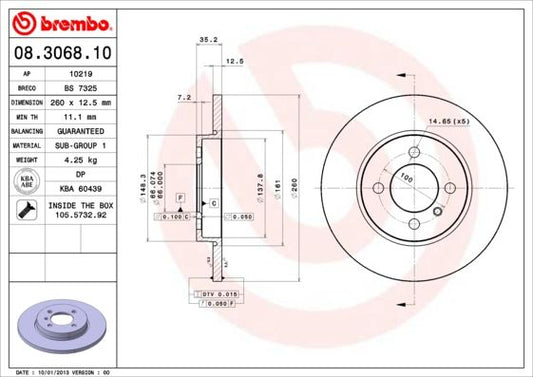 Brembo 08.3068.10 Brake Disc / Rotor for BMW 3 Series (selected models) - 260mm solid plain non-vented 4-stud 4-bolt OE/OEM replacement - includes mounting hardware, bolts & screws - genuine Brembo quality