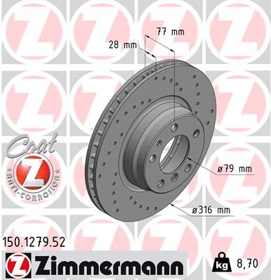 Otto Zimmermann Coat Z Sport High-Carbon Drilled & Internally Vented Brake Disc/Rotor 316 x 28 mm 150.1279.52 for BMW 7 Series E38 1995-2001 - Cross-Drilled, Anti-Corrosion Coated, Performance Upgrade Replacement