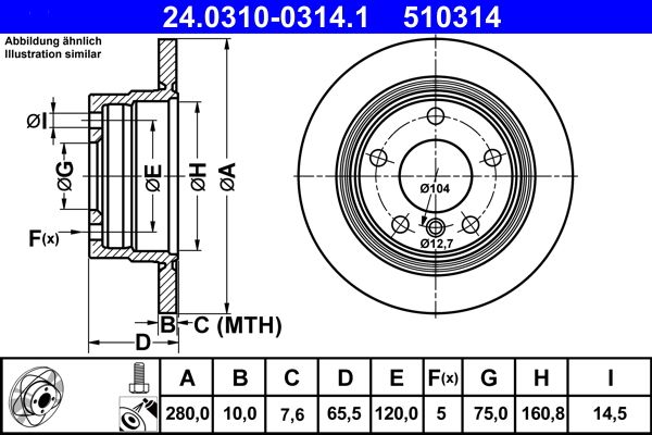 ATE PowerDisc 24.0310-0314.1 Rear Brake Disc Rotor 280x10mm Solid Coated High-Carbon, 5-Stud - for BMW 1 Series (E81 E82 E87 E88) OE-Spec Direct Fit - Fixing Bolts/Screws Included