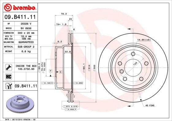 Brembo Coated Disc Line Brake Disc/Brake Rotor 09.B411.11 (09B41111) for BMW 1 Series – 300x20 mm, 5-Stud, Internally Vented, High-Carbon, Anti-Corrosion – OE-Spec Replacement/Upgrade – Bolts/Screws Included
