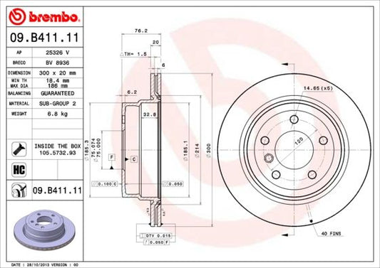 Brembo Coated Disc Line Brake Disc/Brake Rotor 09.B411.11 (09B41111) for BMW 1 Series – 300x20 mm, 5-Stud, Internally Vented, High-Carbon, Anti-Corrosion – OE-Spec Replacement/Upgrade – Bolts/Screws Included