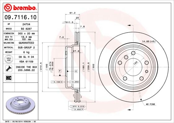 Brembo 09.7116.10 High Carbon Vented Brake Disc Rotor for BMW 5 Series | 300mm x 20mm, 5-Stud | HC Cast Iron OE/OEM Quality Direct-Fit Replacement with Fixing Screws | Premium Disc Brake Upgrade