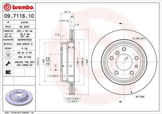 Brembo 09.7116.10 High Carbon Vented Brake Disc Rotor for BMW 5 Series | 300mm x 20mm, 5-Stud | HC Cast Iron OE/OEM Quality Direct-Fit Replacement with Fixing Screws | Premium Disc Brake Upgrade