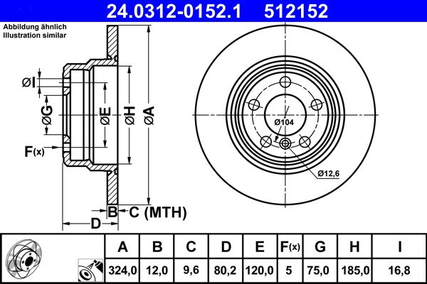 ATE Coated Brake Disc Rotor 24.0312-0152.1 for BMW X5 E53 1999-2006, 324x12mm Solid High-Carbon, 5-Stud | OE Spec Direct Fit Anti-Rust Replacement (24 0312 0152 1 / 24031201521)