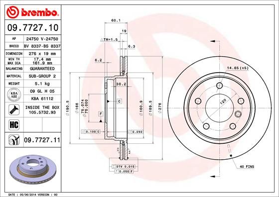 Brembo 09.7727.10 High-Carbon Cast Iron Vented Brake Disc / Rotor for BMW 3 Series, 276mm x 19mm, 5-Stud (5x120), OE Replacement Performance Upgrade, Includes Fitting Hardware, Bolts & Screws