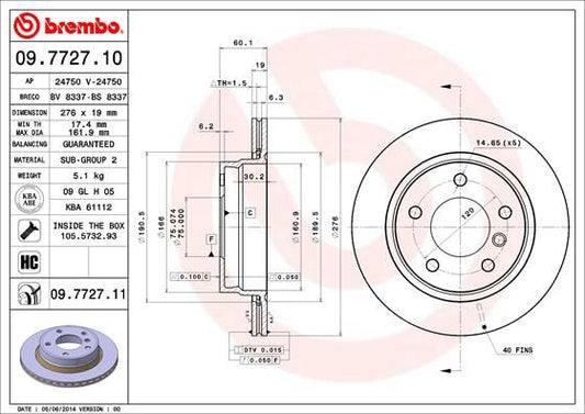 Brembo 09.7727.10 High-Carbon Cast Iron Vented Brake Disc / Rotor for BMW 3 Series, 276mm x 19mm, 5-Stud (5x120), OE Replacement Performance Upgrade, Includes Fitting Hardware, Bolts & Screws