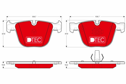 TRW DTEC COTEC GDB1892DTE Disc Brake Pads - Low Dust Ceramic Style, No Wear Indicator/Sensor Slot (Sensorless) - Fits BMW X5/X6 & X5M/X6M E70 E71 F15 F16 F85 F86 - Performance Upgrade OE Quality Replacement Pad Set