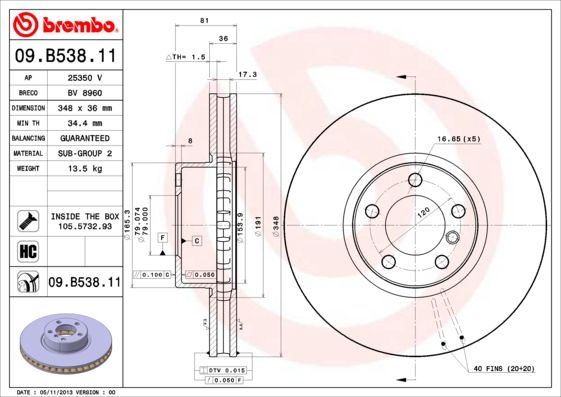 Brembo Coated Disc Line 09.B538.11 (09B53811) Brake Disc for BMW 7 Series E65 E66 E67, 348mm x 36mm, Internally Vented, High-Carbon, Coated, 5-Hole, Includes Bolts/Screws