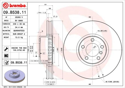Brembo Coated Disc Line 09.B538.11 (09B53811) Brake Disc for BMW 7 Series E65 E66 E67, 348mm x 36mm, Internally Vented, High-Carbon, Coated, 5-Hole, Includes Bolts/Screws