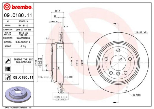 BMW 3 Series Brake Disc 294mm - Brembo Coated Disc Line 09.C180.11, Internally Vented, High-Carbon, 5-Stud, With Bolts/Screws