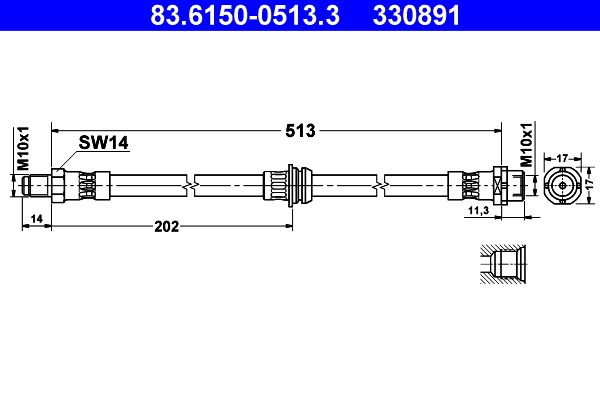 ATE Brake Hose 83.6150-0513.3 for BMW X3 E83 2003-2010 - 513mm M10x1 Flexible Hydraulic Brake Line Flexi/Caliper Hose (Front/Rear) OE/OEM Quality Rubber Pipe - Ref 83615005133