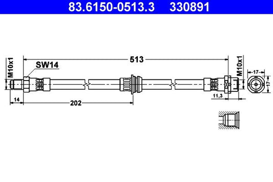 ATE Brake Hose 83.6150-0513.3 for BMW X3 E83 2003-2010 - 513mm M10x1 Flexible Hydraulic Brake Line Flexi/Caliper Hose (Front/Rear) OE/OEM Quality Rubber Pipe - Ref 83615005133