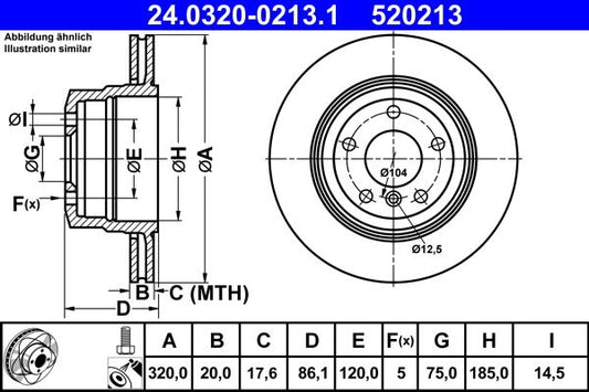 ATE PowerDisc Brake Disc Rotor 24.0320-0213.1 for BMW 5 Series (320x20mm) Vented 5-Stud - High Carbon Anti-Corrosion Coated - OEM Quality Replacement/Performance - Includes Fixing Bolts & Screws - 24 0320 0213 1, 24032002131